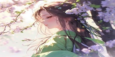 弥生美月春日物语写真精选画面，樱花树下弥生美月身着淡绿色和风服饰，光影柔和温暖
